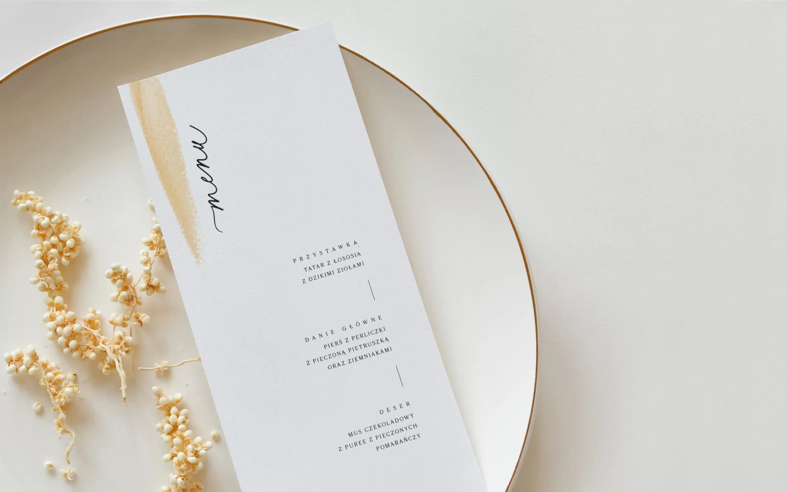 Menu ślubne na talerz w kolorze śmietankowym ze złoceniem